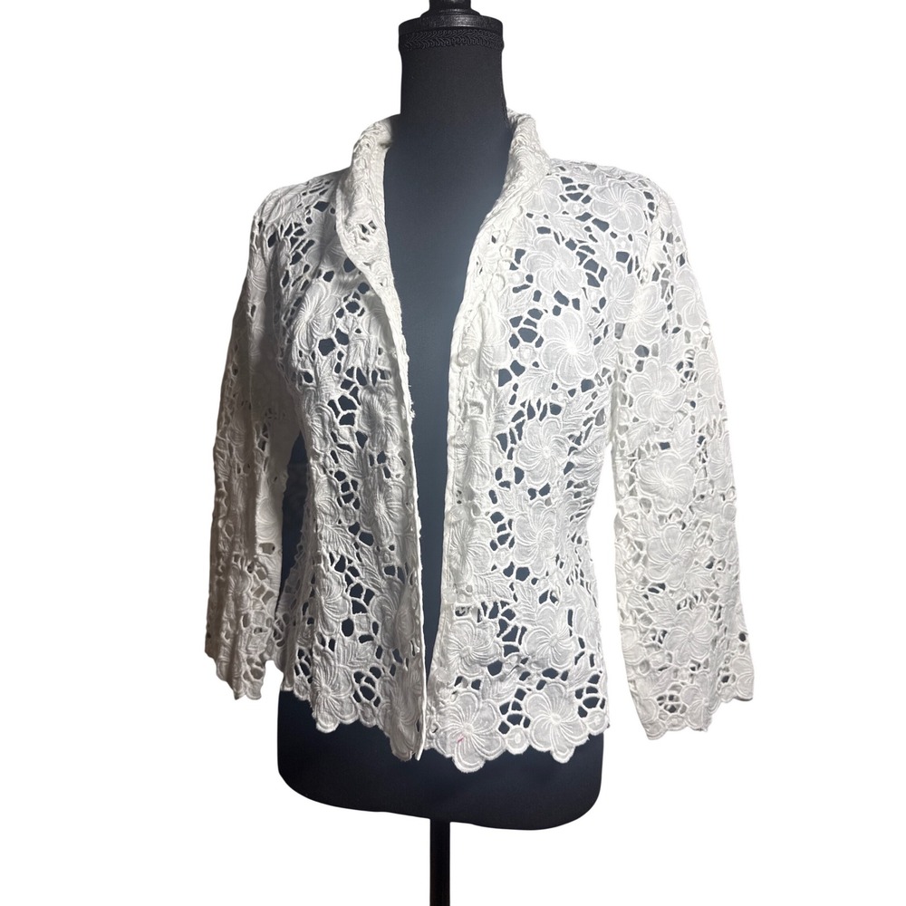 Lilly Pulitzer White Floral Eyelet Lace Jacket 100% Cotton Open Front Size 10